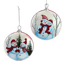 Kurt Adler 100MM Glass Red and White Snowman Disc Ornaments Set of 2 K32 picture
