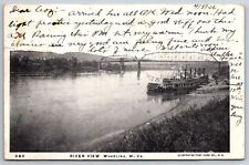 Wheeling West Virginia~River View~Steamers Along Shore~Bridge Behind~1906 PC picture