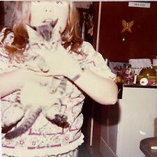 U8 Photograph Girl Holding Up Kitten 1980's picture