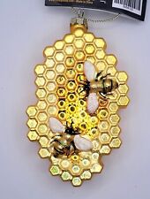 New Robert Stanley Honey Comb Glass Christmas Ornament Glitter Bees Yellow Gold picture