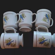  Footed Bluebird Pedestal Mugs. Marked Japan~Vintage Coffee Teacup 8 oz Set of 5 picture