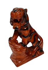 Vtg Hand Carved Wooden Roaring Tiger Statue Sculpture Brown w/Black Stripes 10