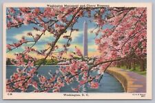 Washington Monument and Cherry Blossoms Washington Dc Linen UNP Postcard picture