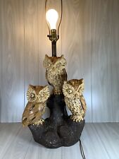 Vintage Lamp 3 Owls Tree Sculptural Chalkware Table Forest Brown Earth Tones picture