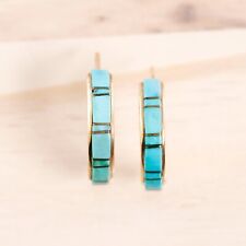 OLD PAWN 14K YELLOW GOLD BLUE TURQUOISE INLAY HUGGIE EARRINGS picture