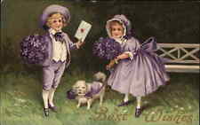 GREETINGS No. 2 Fancy Boy and Girl in Purple w Dog c1910 Postcard picture