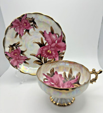 Vintage Royal Sealy Pink Orchid Footed  Pedestal Cup & Saucer Set iridescent picture