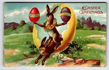 Easter Postcard Fantasy Bunny Rabbits Burst Out Of Giant Egg 1909 Germany picture