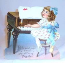 Vintage Mechanical Valentine Little Girl Playing Piano Flowers Dress & Blue Bows picture