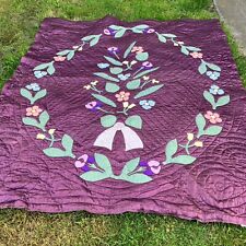 Vintage Satin Hand Stitched Quilt 72x 84 Purple Silver Floral Applique Comforter picture