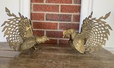 Vintage Pair Brass Fighting Cocks Roosters Statues Mid Century Heavy-Estate- picture