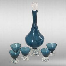 Vintage Aseda Blown Glass Teal Blue Decanter & 5 Cordials Set Made in Sweden picture