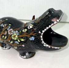 VTG House Hippo Chinese Cloisonné Open Yawn Black Floral 5.5