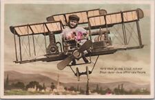Vintage 1910s French Romance Greetings Postcard Girl Airplane / Biplane / UNUSED picture