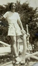 Pretty Woman In Shorts Standing In Fence B&W Photograph 2 x 3.5 picture