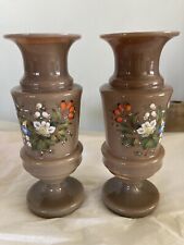 Victorian 19th/20th C. Bristol Clambroth Glass Vases  Hand-Painted picture