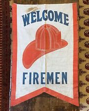 Vintage Fireman Welcome Sign Banner Flag Pennant Fire Station Helmet Antique picture