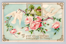 Postcard Birthday Greeting w/ White Doves & Roses, 1911 Antique B15 picture