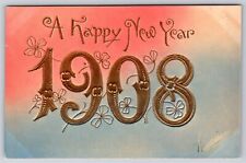 New Year~Large Gold Ornate Numer 1908~Pink-Blue Back~Emb~IPCC~Vintage Postcard picture