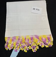Vintage Linen Huck Towel with Yellow & Purple Crocheted Trim 38 x 20 picture