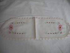 Vintage Pink Floral handmade embroidered oval Lace Dresser scarf 15.5 x 5 Estate picture