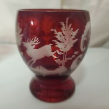 Antique Vtg Bohemian Cranberry Ruby Red Cut To Clear Glass Stag Deer Goblet OLD picture