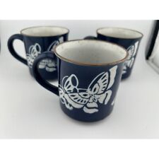 Otagiri Blue Butterfly Mugs Set of 3 Japan Stoneware Speckled Coffee Cup Tea picture