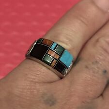 Beautiful Vintage Navajo Native QT Sterling Silver Turquoise Inlaid Ring 9 3/4 picture