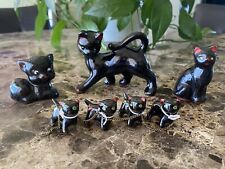 Lot of 7 vintage Redware black CAT & KITTEN figurines Japan midcentury picture