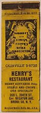 Maryland Front Strike Matchbook Cover Henry's Restaurant Bronx NY New York picture