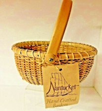 Nantucket Lightship Basket Oval Hand Woven, Swivel Handle Wood Base Vintage 5.5
