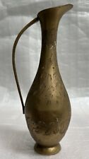 Vintage India Brass Water Pitcher Circa Early 20 C, Etched Elegant Curved Handle picture