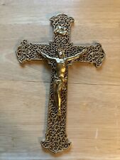 Vintage Metal 8” tall Filigree Crucifix, Brass / Gold Finish ANRI Jesus On Cross picture
