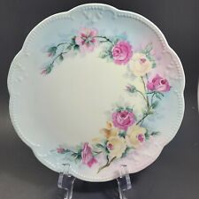 Hand Painted Decorative Porcelain Plate Pink Yellow Roses Raised Relief Rim picture