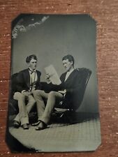 ANTIQUE TIN TYPE Photo Portrait 2 Men Sitting Reading Business Meeting Vintage  picture