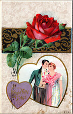 1911 Valentines Day Message Rose Couple Greetings Embossed Postcard Antique Vtg picture