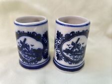 2 Delft Mini Mug Blue White Delft Ceramic Toothpick Holders Hand Painted 2” Tall picture