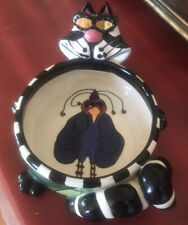 SWAK Pottery Linda Corneille Cat Wearing Sunglasses Bowl with Bird Inside Fun picture