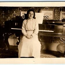 c1910s Cute Young Lady RPPC Fancy Wood Piano Wallpaper Pictures Real Photo A173 picture