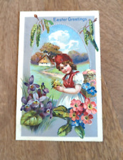 ANTIQUE EMBOSSED EASTER PFB Postcard girl flowers silver background GERMANY picture