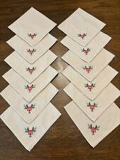 Set Of 12 Vintage Hand Embroidered Napkins 15”Cotton Linen Beige Pink Flower EUC picture