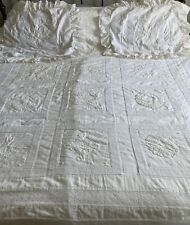 Estate Vintage Grandma's Hand Quilted Embroidered Quilt And Shams 75 X 89 Ivory picture