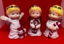 Vintage Ceramic Baby Angel Figurine Christmas Ornaments Teddy Bear Lot of 3 picture