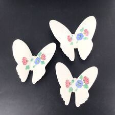 Three Ceramic Floral Butterfly Pink and Blue Wall Hangings Vintage picture