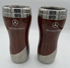 Two Genuine Mercedes-Benz Travel Mug Tumblers 14oz Wood Grain Silver/Brown 14oz picture