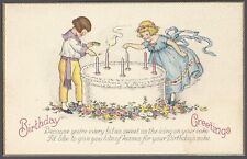 BIRTHDAY GREETINGS Postcard Girl & Boy Lighting Cake Candles Series 1094 D picture