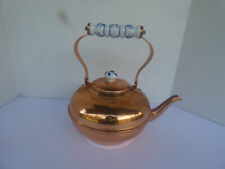 VTG Copper Tea Pot Kettle  Porcelain White & Blue Handle/Pull Knob Lid picture