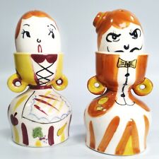 2 Vintage Egg Cup w Salt & Pepper Shaker Heads Man with Mustache & Woman ** Read picture