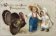 Vtg Embossed Thanksgiving Postcard Children Feeding Turkey A Happy Thanksgiving picture