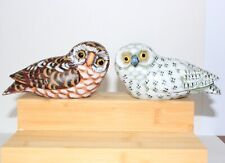 Pair of hand painted wood owls snow white brown 6